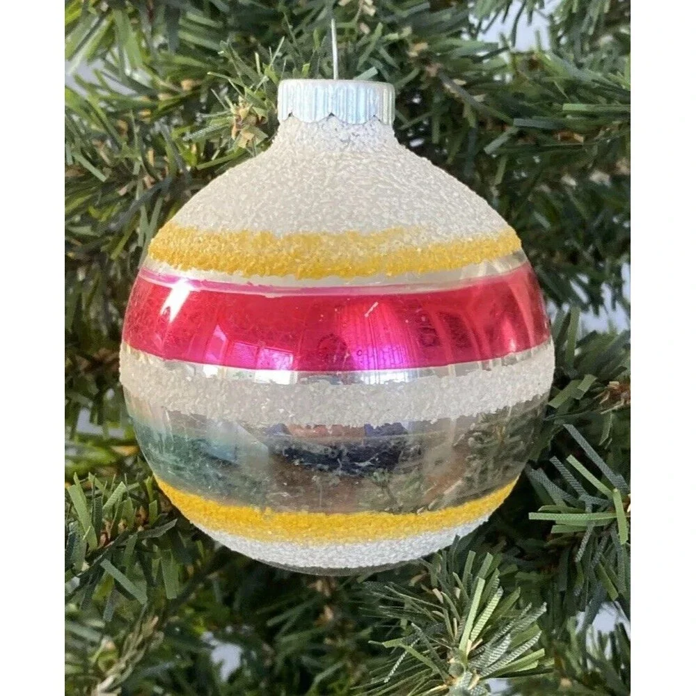 Vintage Christmas Shiny Brite Mica Striped Glass Ornament Ball Red Blue Yellow